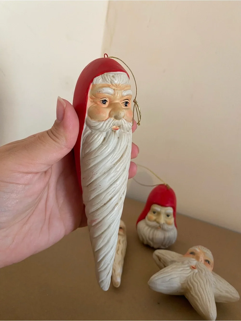 Vintage set of 4 Santa Ornaments - star, bell and icicle shapes, Belsnickle, red